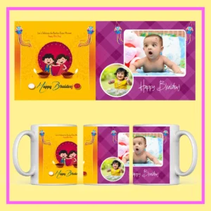 Personalized Bhai Dooj photo mug with custom printed design, featuring brother and sister picture, festive decoration, and ceramic coffee cup gift.
