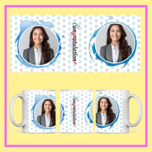 Personalized Congratulations photo mug with custom printed design, featuring a smiling woman’s picture, polka-dot background, and ceramic coffee cup gift.
