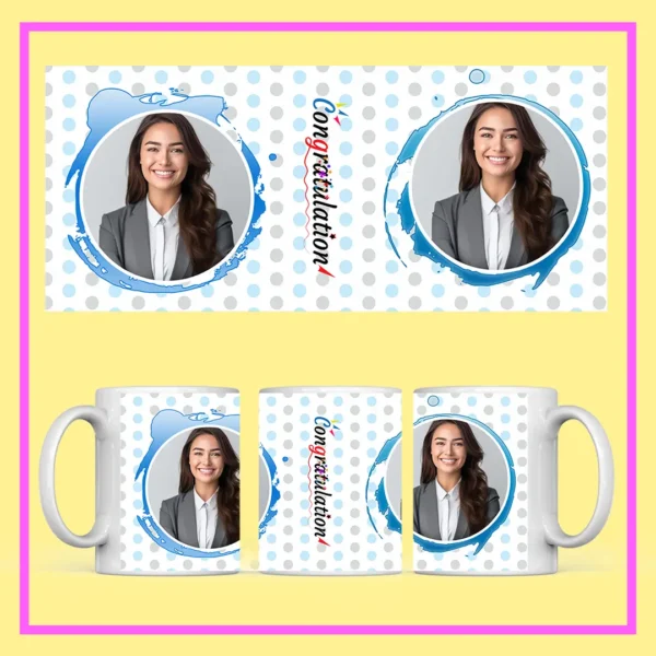 Personalized Congratulations photo mug with custom printed design, featuring a smiling woman’s picture, polka-dot background, and ceramic coffee cup gift.