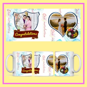 A personalized Congratulations photo mug is shown with a custom printed design, featuring a smiling woman’s picture, dotted background, and ceramic coffee cup.
