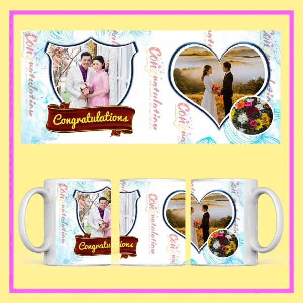 A personalized Congratulations photo mug is shown with a custom printed design, featuring a smiling woman’s picture, dotted background, and ceramic coffee cup.
