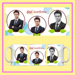 A personalized Congratulations photo mug is shown with a custom printed design, featuring a smiling woman’s picture, dotted background, and ceramic coffee cup.