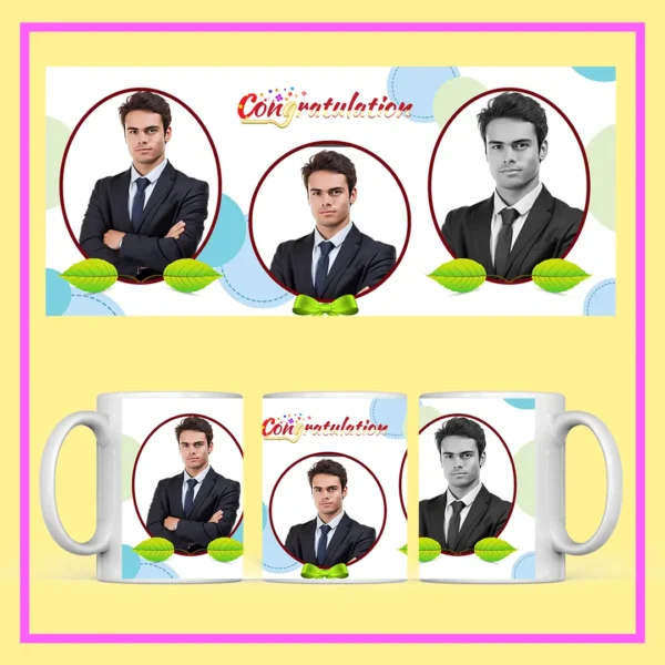 A personalized Congratulations photo mug is shown with a custom printed design, featuring a smiling woman’s picture, dotted background, and ceramic coffee cup.
