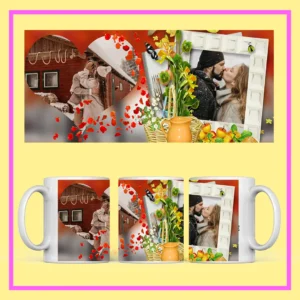 Personalized wedding photo mug with custom couple pictures, romantic hearts, angel artwork, and With Love design.