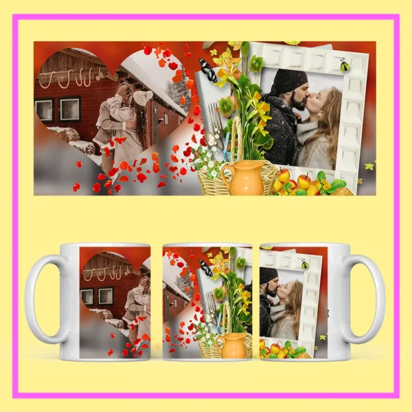 Personalized wedding photo mug with custom couple pictures, romantic hearts, angel artwork, and With Love design.