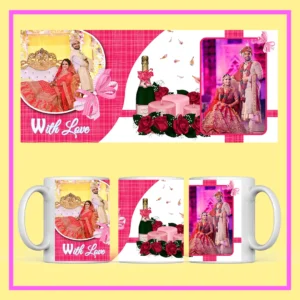 Personalized wedding photo mug with custom couple pictures, romantic hearts, angel artwork, and With Love design.