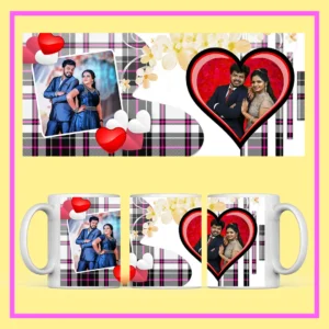 Personalized wedding photo mug with custom couple pictures, romantic hearts, angel artwork, and With Love design.