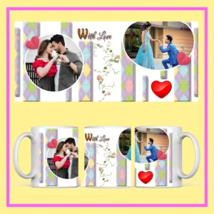 Personalized wedding photo mug with custom couple pictures, romantic hearts, angel artwork, and With Love design.