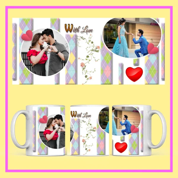 Personalized wedding photo mug with custom couple pictures, romantic hearts, angel artwork, and With Love design.