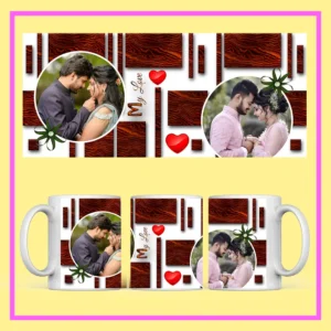 Personalized wedding photo mug with custom couple pictures, romantic hearts, angel artwork, and With Love design.