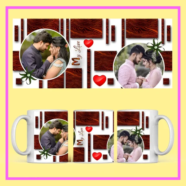 Personalized wedding photo mug with custom couple pictures, romantic hearts, angel artwork, and With Love design.
