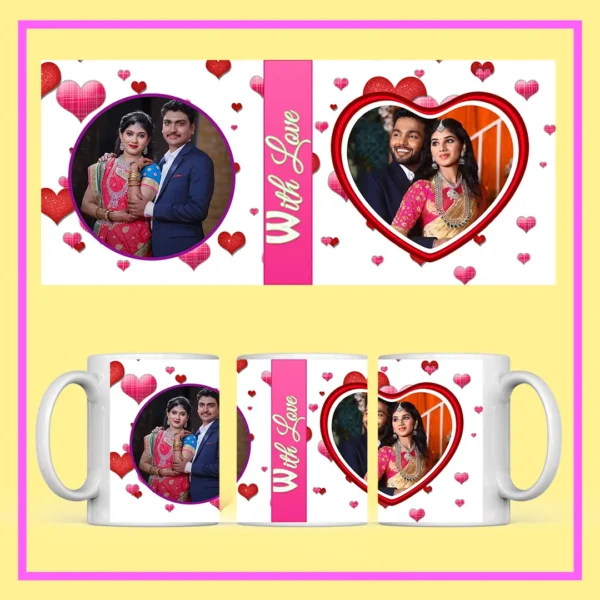 Personalized wedding photo mug with custom couple pictures, romantic hearts, angel artwork, and With Love design.
