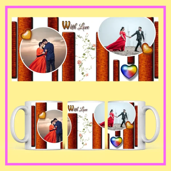Personalized wedding photo mug with custom couple pictures, romantic hearts, angel artwork, and With Love design.