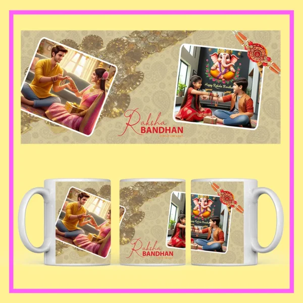Personalized Raksha Bandhan photo mug with custom brother-sister pictures, Rakhi design, and festive artwork.