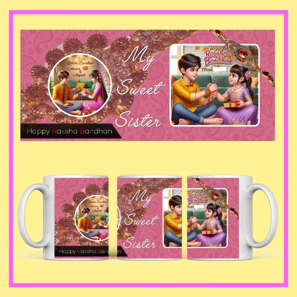 Personalized Raksha Bandhan photo mug with custom brother-sister pictures, Rakhi design, and festive artwork.