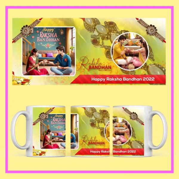 Personalized Raksha Bandhan photo mug with custom brother-sister pictures, Rakhi design, and festive artwork.