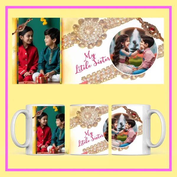 Personalized Raksha Bandhan photo mug with custom brother-sister pictures, Rakhi design, and festive artwork.
