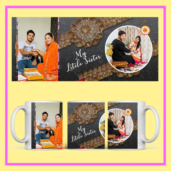 Personalized Raksha Bandhan photo mug with custom brother-sister pictures, Rakhi design, and festive artwork.