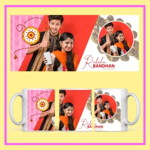 Personalized Raksha Bandhan photo mug with custom brother-sister pictures, Rakhi design, and festive artwork.