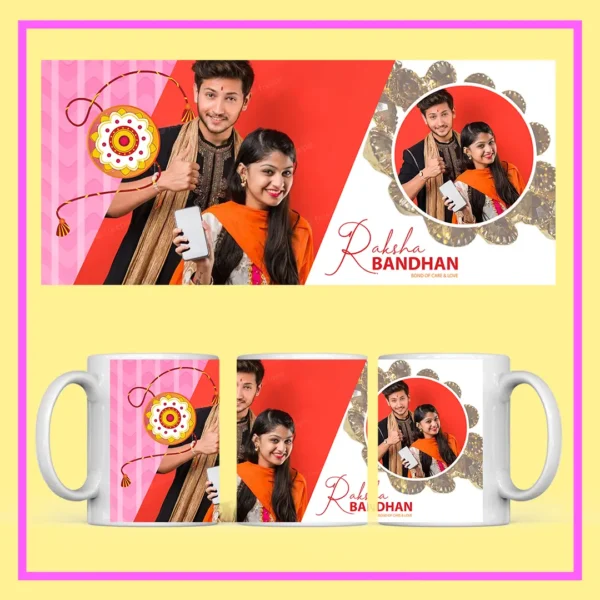 Personalized Raksha Bandhan photo mug with custom brother-sister pictures, Rakhi design, and festive artwork.