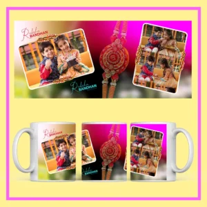 Personalized Raksha Bandhan photo mug with custom brother-sister pictures, Rakhi design, and festive artwork.