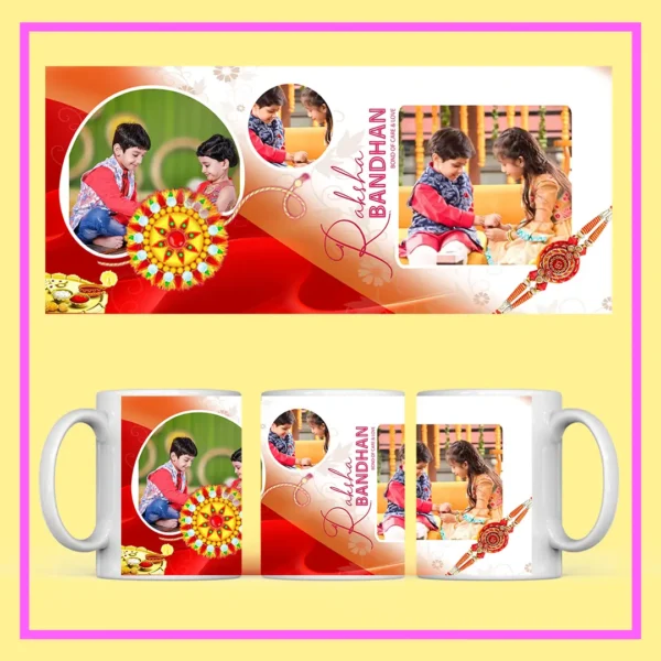 Personalized Raksha Bandhan photo mug with custom brother-sister pictures, Rakhi design, and festive artwork.