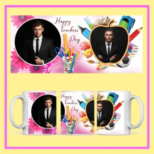 Personalized Teacher’s Day mug with custom photo, Happy Teacher’s Day design, books, globe, art icons, and floral decoration.
