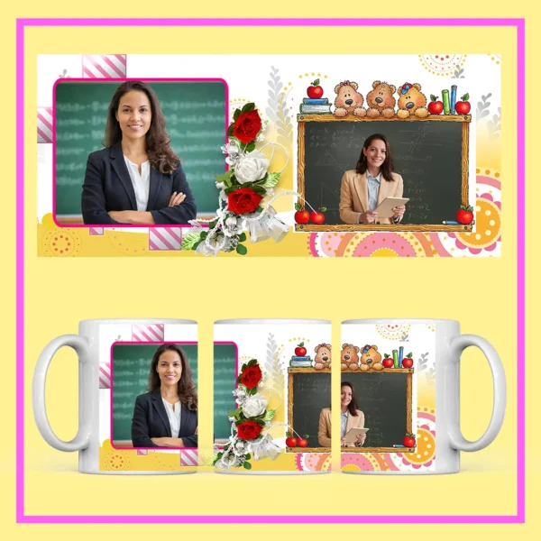 Personalized Teacher’s Day mug with custom photo, Happy Teacher’s Day design, books, globe, art icons, and floral decoration.