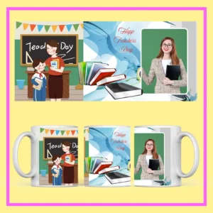Personalized Teacher’s Day mug with custom photo, Happy Teacher’s Day design, books, globe, art icons, and floral decoration.