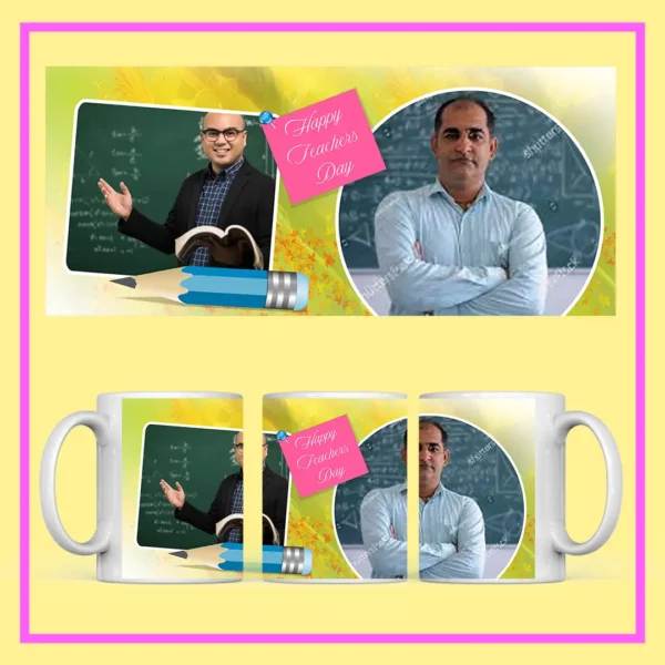 Personalized Teacher’s Day mug with custom photo, Happy Teacher’s Day design, books, globe, art icons, and floral decoration.