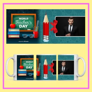 Personalized Teacher’s Day mug with custom photo, Happy Teacher’s Day design, books, globe, art icons, and floral decoration.