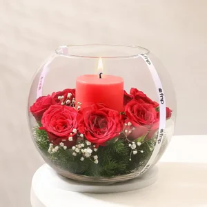 Red rose candle glass arrangement same day delivery in Burdwan