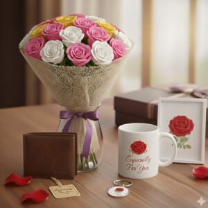 Mixed roses bouquet with mug wallet keychain same day delivery in Burdwan