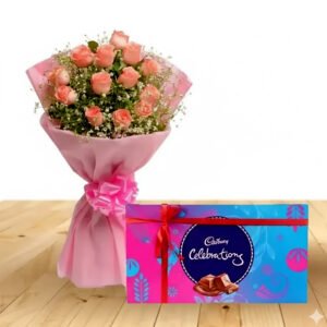 Pink roses bouquet with Cadbury Celebrations chocolate same day delivery in Burdwan