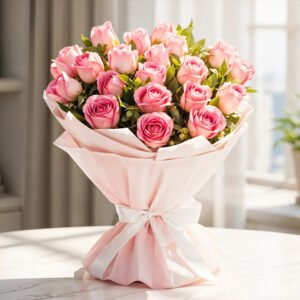 Pink and peach roses bouquet wrapped in pastel pink paper with ribbon bow
