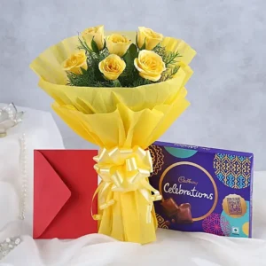 Yellow roses bouquet with Cadbury Celebrations chocolate same day delivery in Burdwan