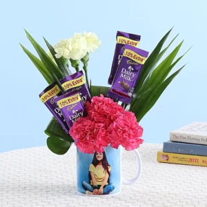 Personalized photo mug with flowers and chocolates same day delivery in Burdwan