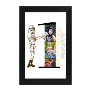 Personalized Birthday Baby Number 1 Photo Frame with cartoon and baby photo collage in black frame