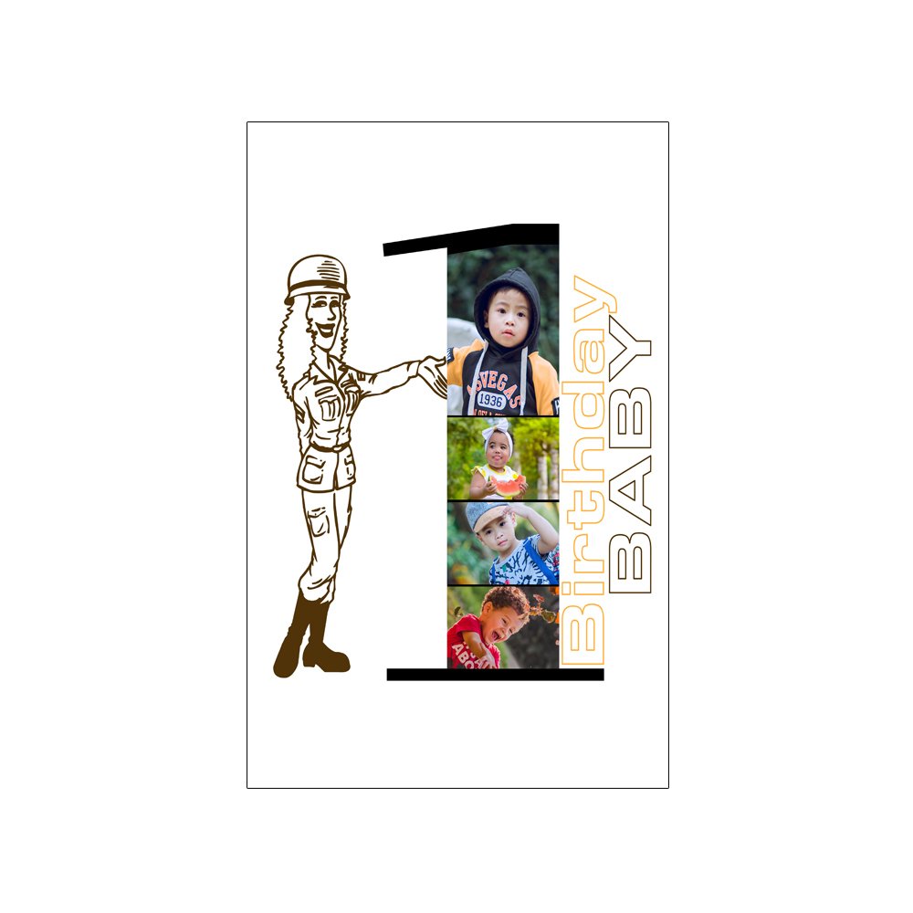 Personalized Birthday Baby Number 1 Photo Frame with cartoon and baby photo collage in black frame