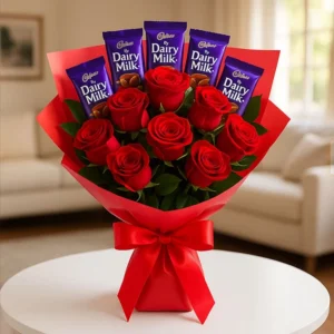 Red rose bouquet with Dairy Milk chocolates for same day delivery in Burdwan