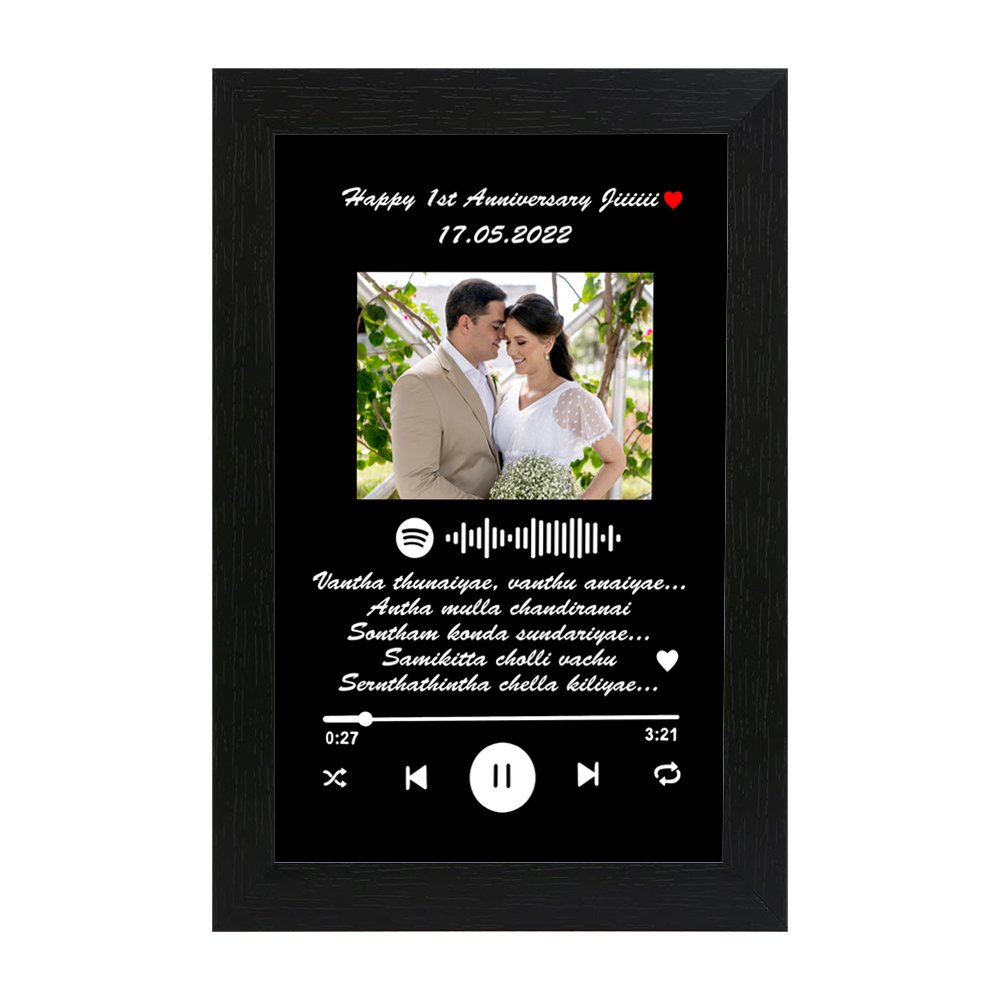 Personalized Spotify music photo frame with couple photo, anniversary date and song code in black frame