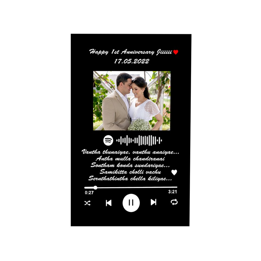 Personalized Spotify music photo frame with couple photo, anniversary date and song code in black frame