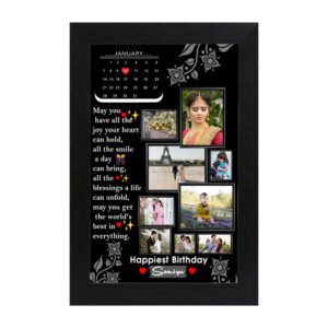Personalized Birthday Calendar Collage Photo Frame with photos, birthday message and highlighted date in black frame