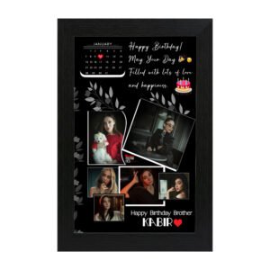 Personalized Birthday Brother Calendar Collage Photo Frame with photos, birthday date and message in black frame