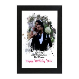 Personalized splatter effect birthday photo frame with couple photo and Happy Birthday Dear text in black frame