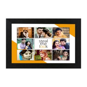 Personalized 9-photo collage frame with Steal The Look text in black wooden frame
