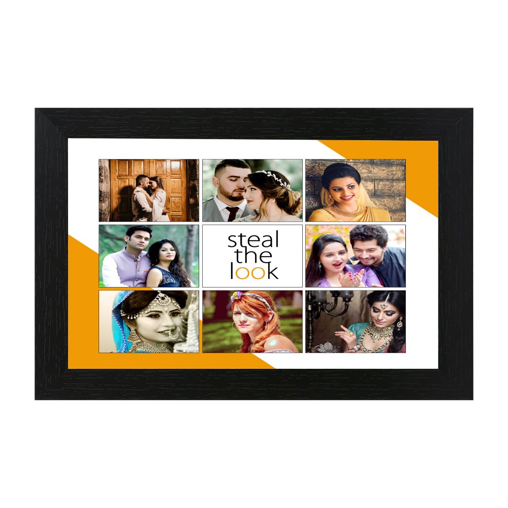 Personalized 9-photo collage frame with Steal The Look text in black wooden frame