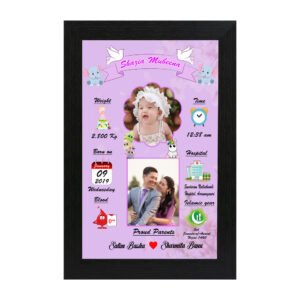 Personalized baby birth details photo frame with newborn stats, photos and parents’ names in black frame