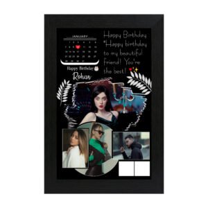 Personalized birthday friend calendar collage photo frame with photos, date highlight and custom message in black frame