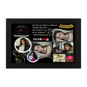 Personalized birthday calendar collage photo frame with Kabir’s name, photos and birthday wishes in black frame